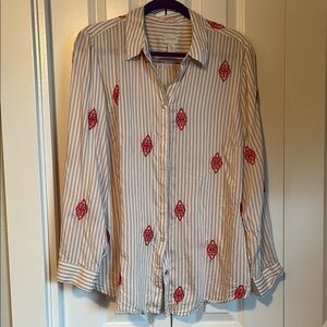 Chico's Orange and Tan Casual Button Down Shirt with Stripes